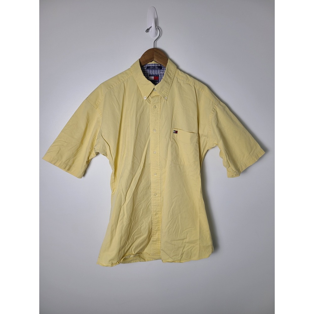 Tommy Hilfiger Mens XL Yellow Short Sleeve Button Down Cotton Twill‎ Shirt Logo